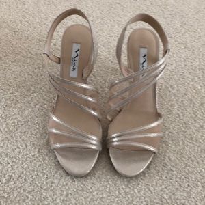 Shoes. Glittery gold dress sandals.